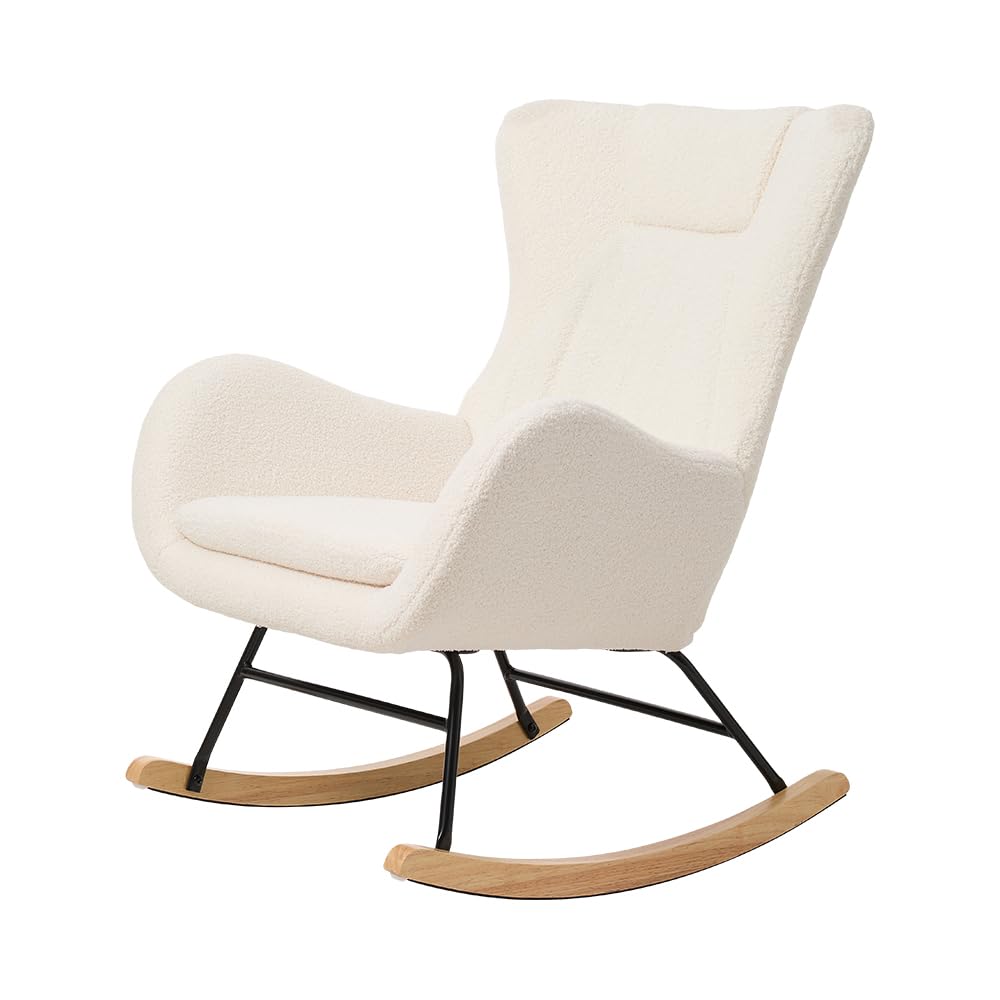 INMOZATA Rocking Chair for Nursery Teddy Rocker Relaxing Recliner Chair Traditional Arm Rest Lounge Chair with Teddy Cushion for Adults Living Room Bedroom(Ivory White)