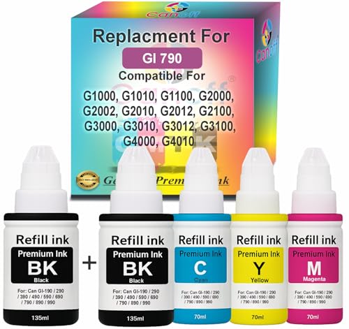 Image of CANOFF GI-790 Compatible Refill Ink Bottle Set for Ink Tank Printers - 4 Color Pack (2Black,1Cyan,1Magenta,1Yellow) | Suitable for G1000,G1010,G2000,G2010,G3000,G3010,G4000,G4010,G1012 (Gi-790 CMYKK)
