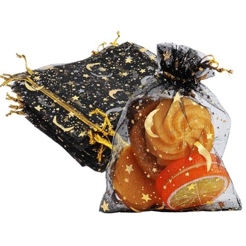 CARANNACLTD 60 Bolsas de Organza Negra, 9 x 12 cm, Estampadas, para Bodas, Cumpleaños y Fiestas