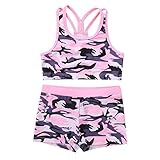 Moily Girls Gymnastics/Dance/Sports Two Piece Outfit Racer Back Crop Top with Booty Shorts Swimwear Camouflage Pink 7-8