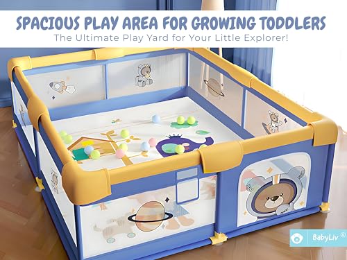 Image of Playard | Spacious Playpen for Kids up to 4 Years | Safety Lock | Thick Padding | 360 Mesh | Portable Activity Center (Space Baby Bear, Ocean Blue, 150x180 cm) | No Mat /Grip /Balls (WY)