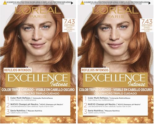 L'Oreal Paris Excellence Intense Tinte Crema, Color 7.43 Rubio Cobrizo Dorado, 60 ml (Paquete de 2)