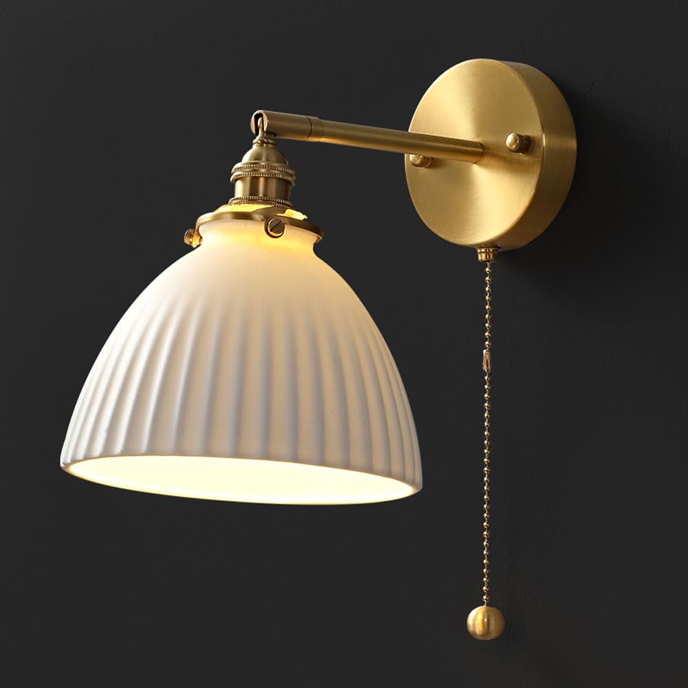 HPTHLY Gold Wall Light Fixture Adjustable Brass Wall Sconce With Pull Cswitch, Rotatable Ceramics Wall Lamp Wabi Sabi Wall Sconces Vintage Bedroom Bedside D