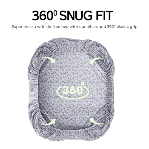 Image of LINENWALAS 100% Cotton 200 TC Double Fitted Sheet with 2 Pillow Covers | 360 Elastic Bedsheet with 4-8 inch Deep Pocket - Soft Breathable Bedding (72x72 inch, Grey Flora)