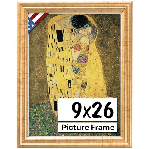 Antique Gold 9x26 Picture Frame .75" Inch Wide - Gold Wall Decor Handmade Solid Wood Frames with Preinstalled Hangers and UV Blocking Plexiglass 26x9 Frame
