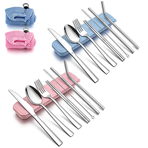 LIANYU 2 Pack Travel Utensils, 18-Piece Portable Silverware Flatware Set with Blue