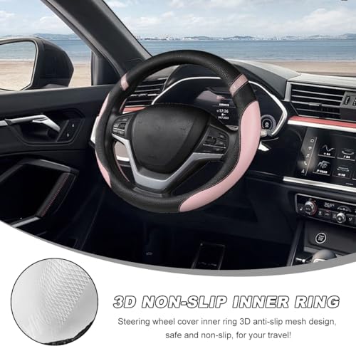 Image of Car Steering Wheel Cover, 15 Inch Premium Leather Breathable Non-Slip Wheels Wrap, Universal Auto Comfortable Steering Wheel Protector for SUV Truck Van, Car Accessories (Pink)