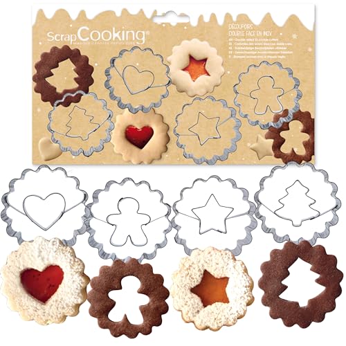 ScrapCooking - 4 Découpoirs de Noël Linzer - Emporte-Pièces pour Biscuits Fourrés - Kit Moules Petits Gâteaux - Tartelettes Sablés Confiture Chocolat -...