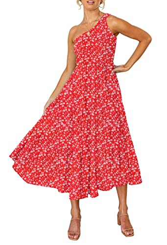 Image of ZESICA Women's 2026 Bohemian Summer Floral Print One Shoulder Sleeveless Smocked Ruffle Tiered Beach Long Midi Dress