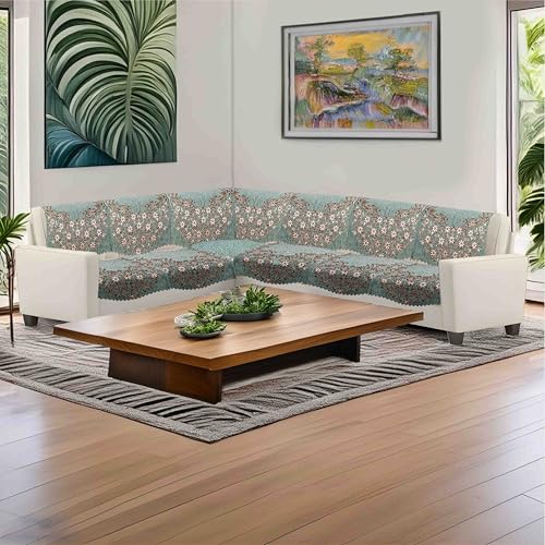 Image of Premium Chenille Woven Anti-Slip 6 Seater L-Shape Sofa Cover | L-Shape Sofa Seat Protector for Living Room | Durable & Stylish Slipcover - Teal Phoolkari