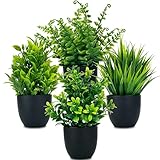 DCECDWD Set of 4 Fake Plants 7” Small Potted Plants Artificial Plants Indoor Mini Greenery Plants for Indoor Decor Home Shelf Office Decor, Compact Black Pot