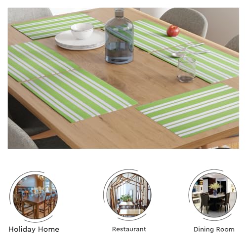 Image of Encasa XO Dining Table Mats Set of 6, 46x32 cm | Handmade Franca Lime Stripes Ribbed Cotton Table Mat | Heat-Resistance Table Placemats, Non-Slip, Washable & Durable Place mat for Dining Table