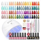Kit Ongle Gel UV Complet, PEACECOLOR Kit Manucure Semi permanent 20+5PCS Vernis à Ongles Gel avec Lampe UV Ongles Gel No Wipe Top Coat Gloosy Pailleté Matte Base Coat Nail Art Kit Coffret Débutants