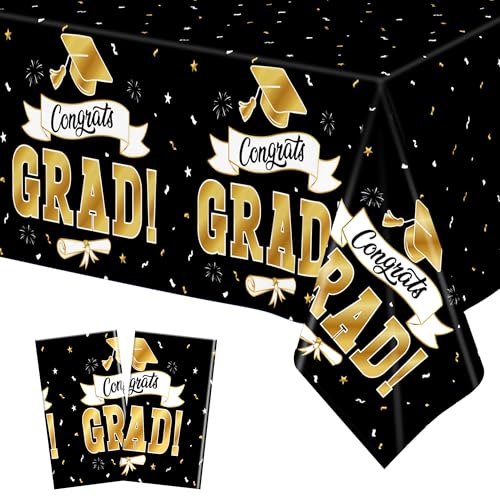 2Pack Graduation Decorations 2026, 108" X 54" Graduation Tablecover, Blackgold Rectangle Class of 2026 Table Cloths, Disposable Plastic Congrats Grad Tablecover for Grad Party Favors Supplies for Kids