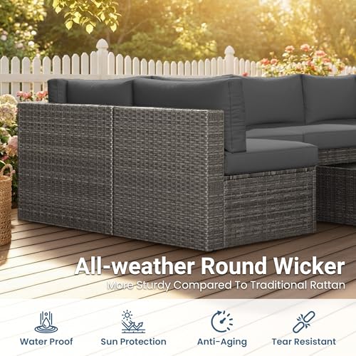 Image of Wisteria Lane 7 Pieces Outdoor Patio Furniture Set, Wicker Outdoor Patio Sectional Sofas with Coffee Table, All-Weather Patio Conversation Set for Garden Backyard, Grey
