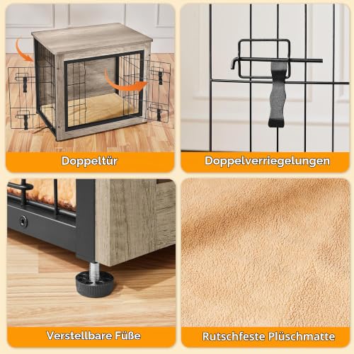 Yaheetech Hundekäfig Möbel mit Hundedecke & 2 Türen, Hundebox für Zuhause, Moderne Hundehütte Indoor, Hundebox Holz für Wohnzimmer, 69x51x61 cm, Grau