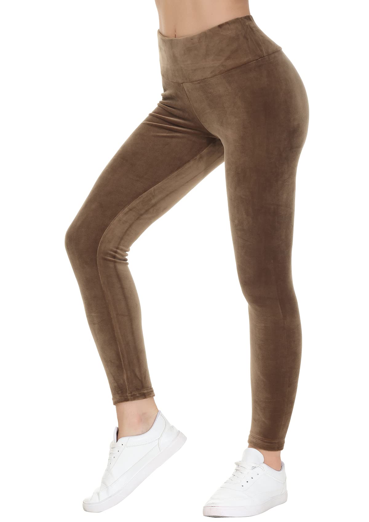 COZZIPLUS Women Velour Legging- High Waisted Buttery Soft Velvet Stretchy Legging, Mocha, M