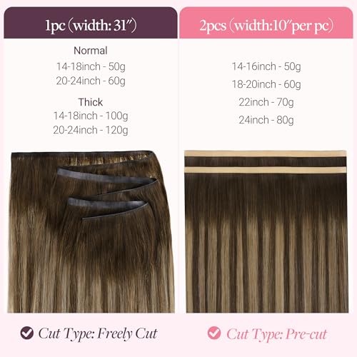 Image of GOO GOO Tape In Weft Hair Extensions Human Hair, Genius PU Long Weft Tape In Hair Extensions Real Human Hair, Silky Easy to Use, 4 /27 /4 Balayage Chocolate Brown to Caramel Blonde 20 inch 60g 2pcs