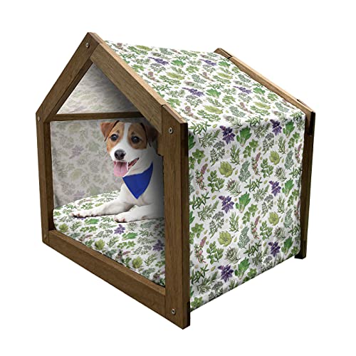 Ambesonne Botanical Wooden Pet House, Culinary Herb Parsley Basil Vegetarian Diet Arugula Oregano Organic, Indoor & Outdoor Portable Dog Kennel With Pillow And Cover, Small, Olive Green Purple White #TOP30