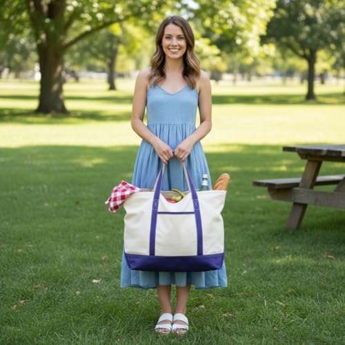 Image of Extra Large Heavy Duty Canvas Tote Bag - 22 Inches Wide, Zipper Top, Sturdy, Double Stitched, 100% Cotton, Reusable, Washable - Perfect for Picnic, Grocery, Beach, and Shopping Bag (Navy Blue)