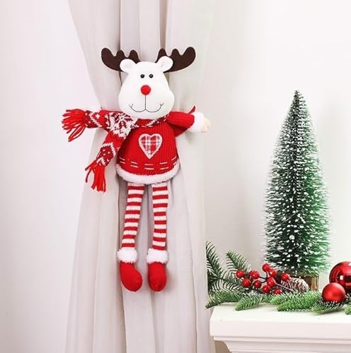 Alzapaños de cortina de punto de felpa con figuras de muñeco de nieve y alce de dibujos animados, hecho para decoración de doble propósito y gestión de cortinas en espacios de vida (alce)