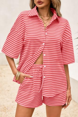 Image of Tankaneo Womens Striped 2 Piece Sets Short Sleeve Lounge Set | Button Down, Waffle Knit, Pajama Lounge Set, Summer Outfits