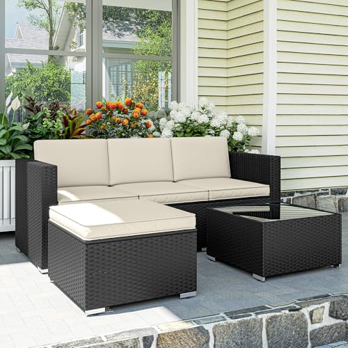 Outsunny 3 Piece Rattan Garden Furniture Set, Garden Corner Sofa, All-Weather Handwoven PE Wicker Sectional Sofa Set with Tempered Coffee Table, Ottoman, Washable Cushions, Black 8 Outsunny 3 Piece Rattan Garden Furniture Set, Garden Corner Sofa, All-Weather Handwoven PE Wicker Sectional Sofa Set with Tempered Coffee Table, Ottoman, Washable Cushions, Black - Image 8