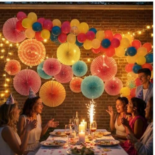 Image of Multicolor 6 Pcs Hanging Paper Fans for Birthday, Wedding, Baby Shower, Anniversary,Backdrop Party Decoration (Pack of 6)