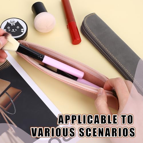 Image of Leather Pencil Case, 2 Pcs Slim Design Small Pen Pouch, Portable Cosmetic Bag for Purse with Zipper, Flat Soft Simple Makeup Bag Lipstick Case for Women, Office, Travel, Outdoor (Grey, Pink)