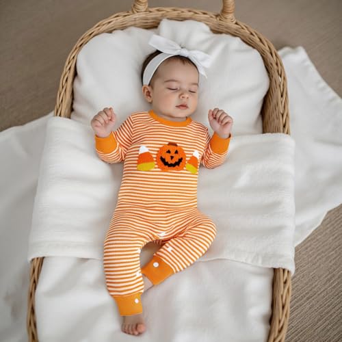 Baby Girl Halloween Jumpsuit Long Sleeve My First Halloween Pumpkin/Ghost Onesie Embroidery Striped Romper Outfits2