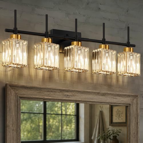 Image of Torondo Modern Crystal Bathroom Vanity Light 5-Lights Gold Bathroom Light Fixtures Over Mirror Black and Gold Vanity Lighting Fixtures Gold Square Shade Brass Wall Sconce (Bulbs Not Include)