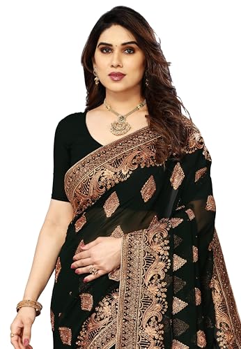 Image of B BELLA CREATION Women's Maroon Georgette Saree with Heavy Golden Embroidery Work & Unstitched Blouse Piece