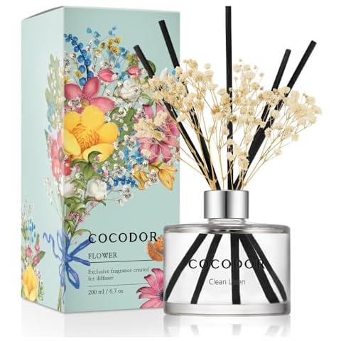 COCODOR Flower Reed Diffuser Set / 6.7oz / Clean Linen/Scent Diffuser with Sticks Home Fragrance Reed Diffuser for Bathroom Shelf Decor Cover