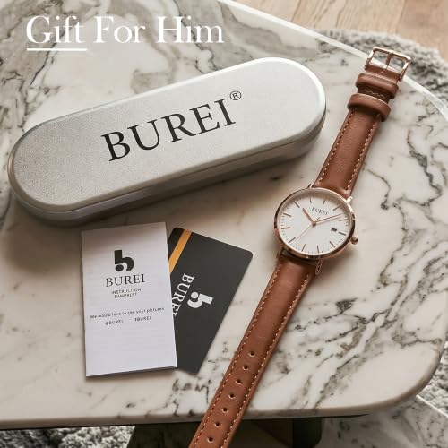Image of BUREI Men's Fashion Minimalist Wrist Watch Analog Date with Leather Strap