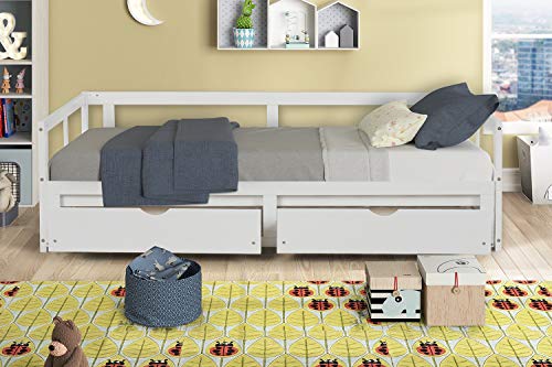 Windaze Extendable Daybed with Trundle and 2 Storage Drawers Full Twin to King Size, Solid Wood Multi-Function Bed with Slats Support, White