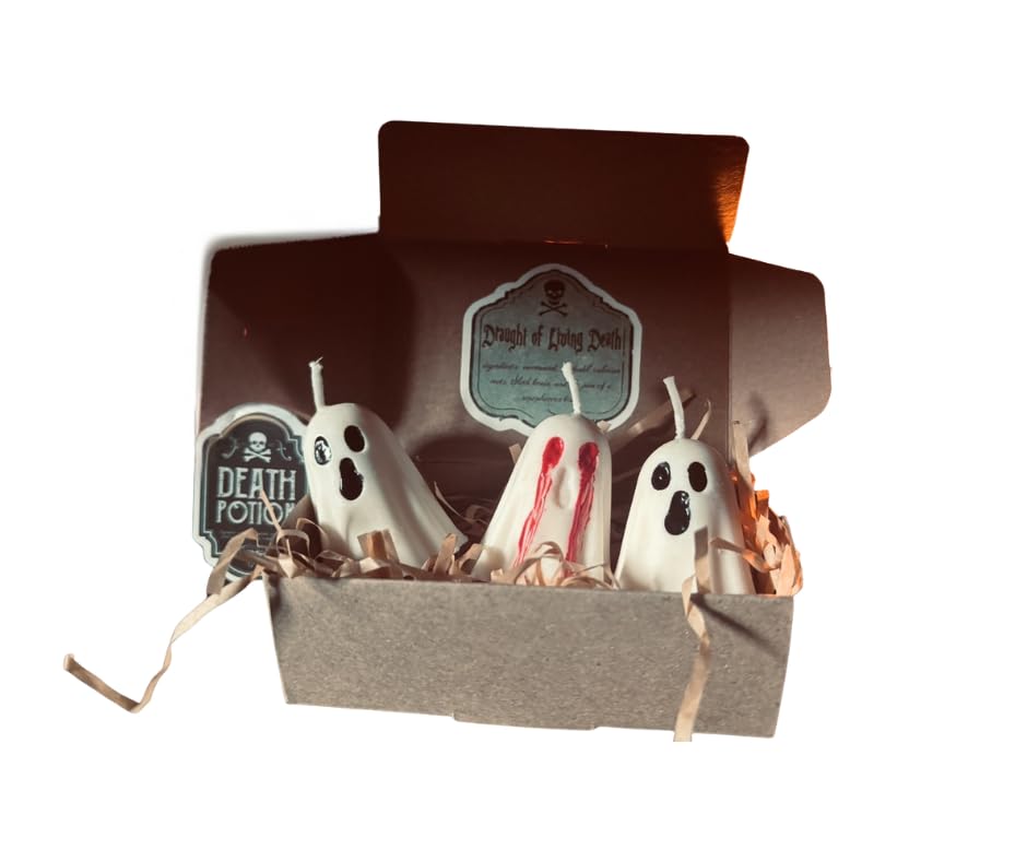 Trio of Old Souls Halloween Ghost Candles, Handmade Soy Wax Mini Boo Box Set, White, Vegan Cruelty-Free, Scented, with Haunting Story