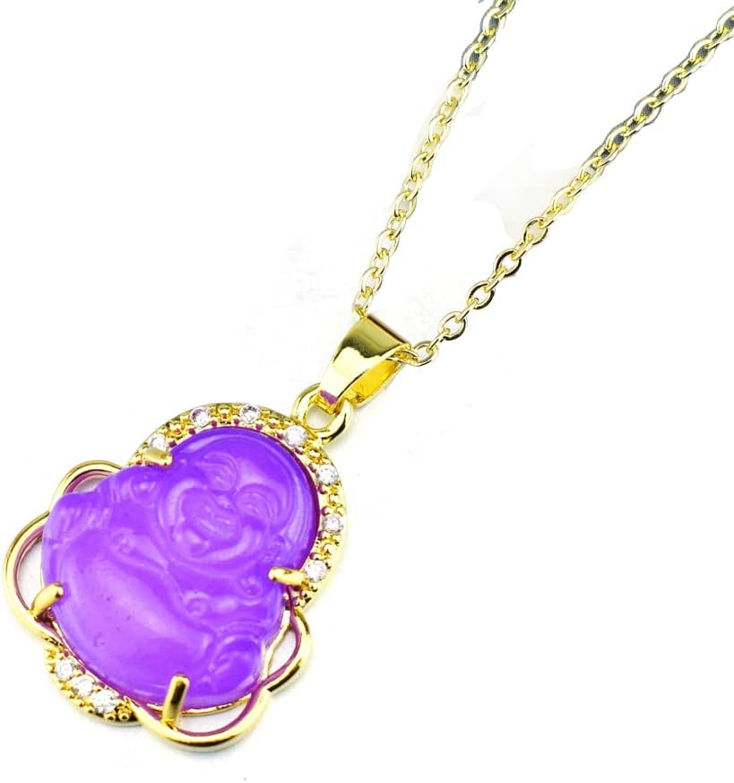 18k Gold Plated Laughing Buddha Pendant Necklace Green Jade Cubic Zirconia Gemstone Lucky Amulet Jewelry for Women Men