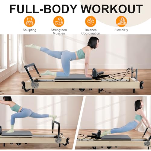 Image of Pilates Reformer, Maple Wooden Foldable Pilates Reformer Machine with 6 Springs,Sitting Box, Padded Jump Board, Quick-Assembly for Home Workouts Studio Yoga