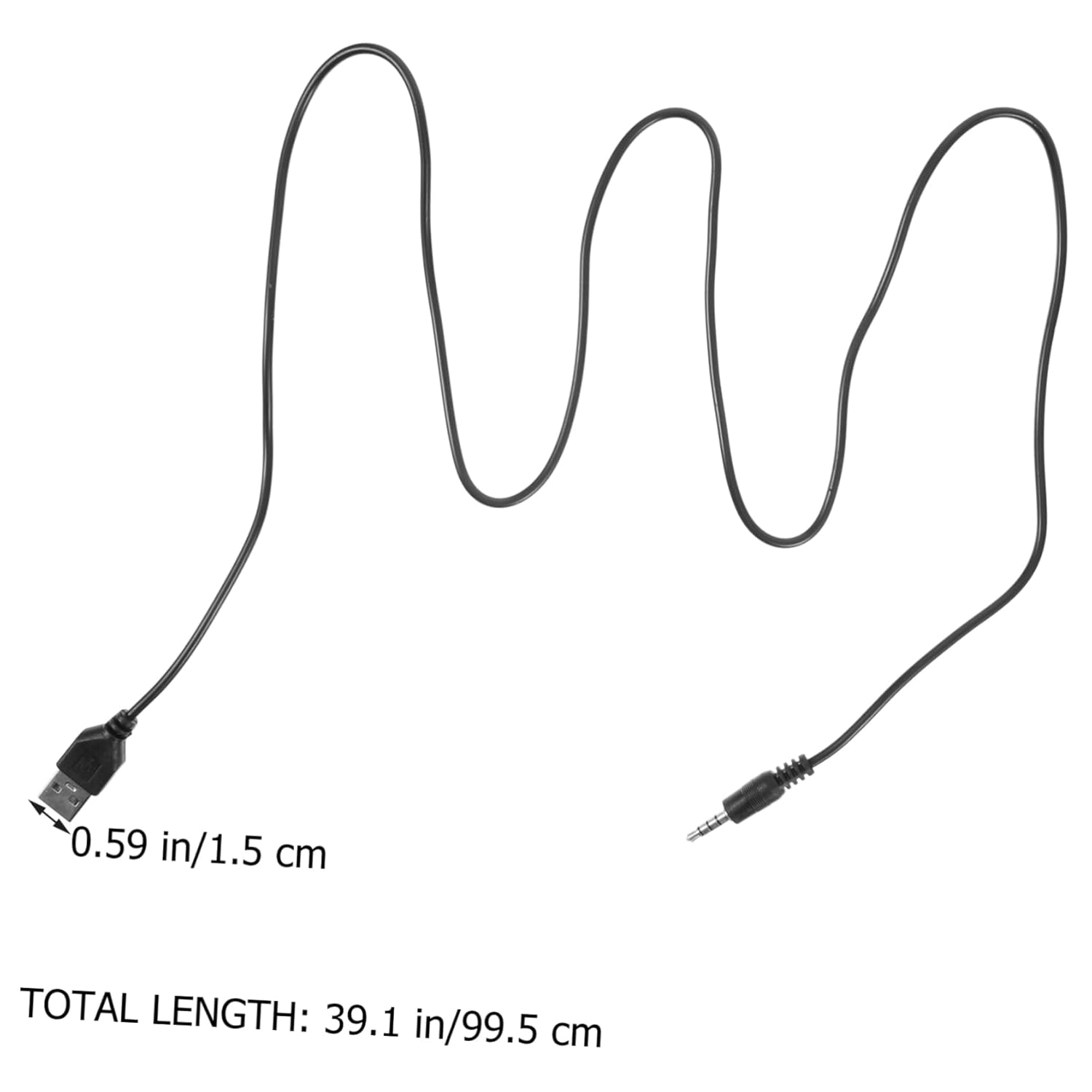 Diagram showing the dimensions of the USB to 3.5mm cable, with a total length of 39.1 inches (99.5 cm)