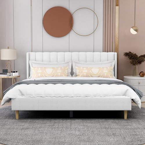 Image of AGARTT Upholstered Platform Bed Frame King Size, White Linen