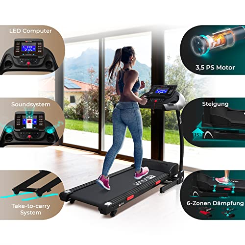 AsVIVA T16 BT Cardio Loopband, hoogwaardige hometrainer, instelbare helling tot 15%, 6-zone dempingstechnologie, 3,5 pk elektromotor, conditietraining, maximale gewichtsbelasting 120 kg - Afbeelding 6
