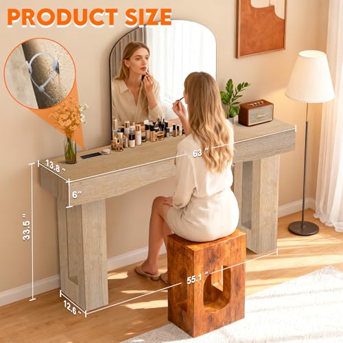 Image of Sonharlar 63 Inch Long Entryway Table Hollow, Wooden Console Table with Socket Farmhouse Sofa Table for Entrance, Hallway, Living Room,Behind Couch(Oak Brown)