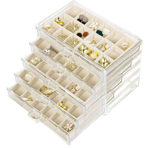 SPAKOWN Earring Organizer, Acrylic Jewelry Box with 5 Drawers, Clear