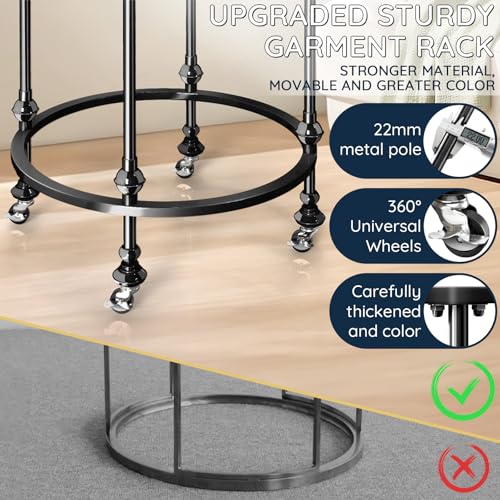 Vrietina Rolling Round Garment Rack, Freestanding Double Space Multi-Purpose Retail Clothing Rack with Wheels and Topper, Heavy Duty Commercial Clothing Organizer for Retail Boutique Bedroom (Black)