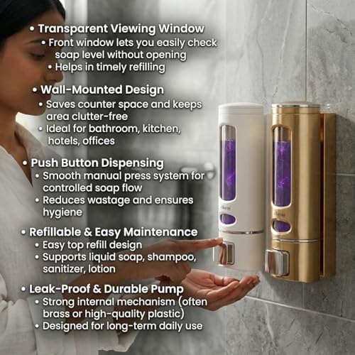 Image of ALTURAS Wall Mounted Liquid Soap Dispenser, ABS, 400 ML, for Shampoo, Sanitizer and Gel Handwash Dispenser (400 ML Gold and White)