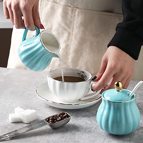 Sweejar Royal Ceramic Sugar And Creamer Set, 3 Piece Set With Cream Pitcher, Sugar Bowl, Sugar Set With Lid & Spoon, Coffee Serving Set Wedding Gift(Turquoise) #TOP3