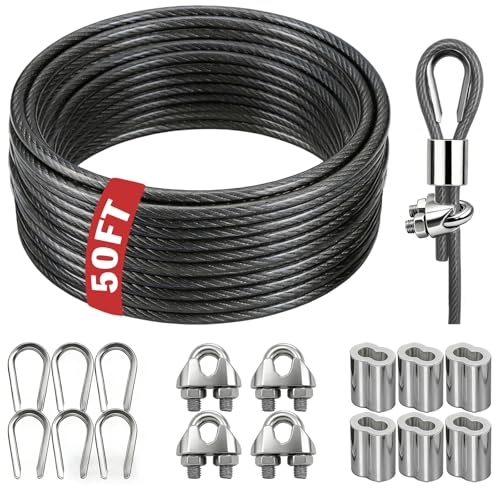 NAZOU 3/16 Inch Coated Steel Wire Rope 50/100 ft Braided Metal Cable Kit for Outdoor Hanging String Lights and Clotheslines for Garden Patio Camping