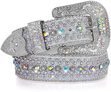 SUOSDEY Men Women Rhinestone Belt Western Cowboy Cowgirl Shine Crystal Diamond Studded Luxury Strap Belts,Silver