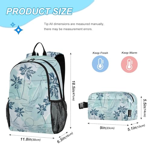 SUABO Backpack Lunch Bag Set for Boys Girls, Coconut Palm Tree Middle-School Elementary Bookbags, 2Pcs School Bag with Lunch Bag2