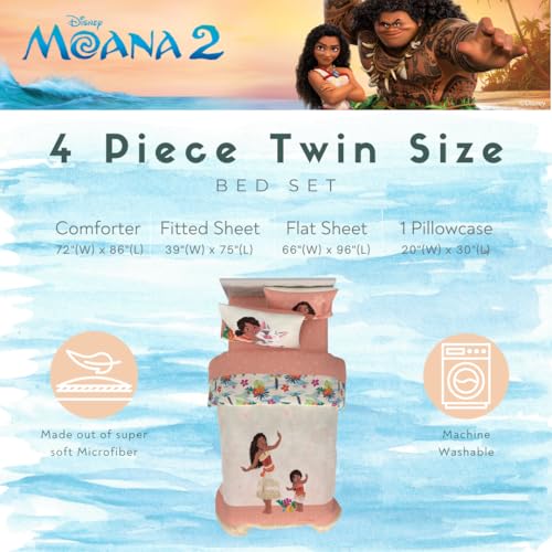 Image of Disney Moana 2 Kids Bedding Super Soft Microfiber Reversible Comforter and Sheet Set, 4 Piece Twin Size, (Officially Licensed Product) By Franco
